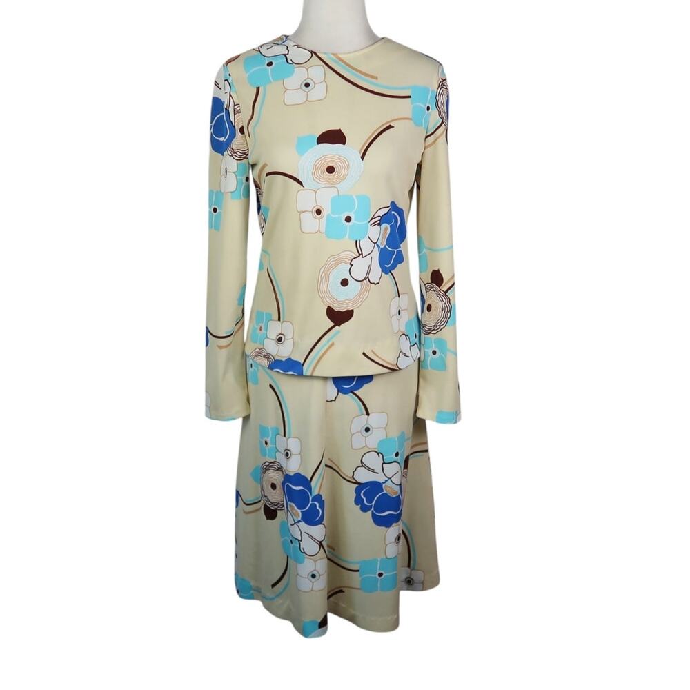 Vintage 70s Cream and Blue Floral Two Piece Set Mod Top and Skirt S